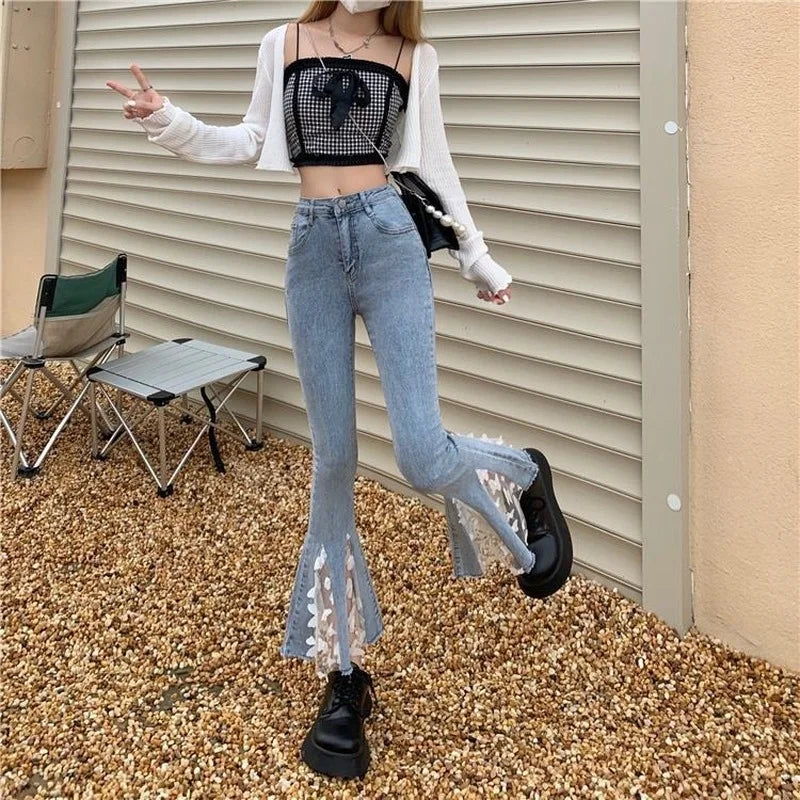 pantsparadises Chic Ankle-length High Waist Jeans Women Cute Lace Ruffles Patchwork Skinny Flare Pants Female Harajuku All-match Denim Trousers