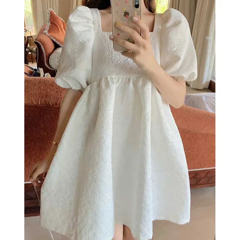 pantsparadises White Puff Sleeve Princess Dress Women French Court Mini Party Sweet Dress Summer Casual Korean Wedding Evening Y2k Dress