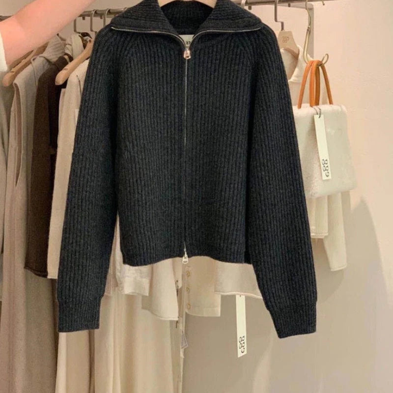 pantsparadises Sweater Cardigan Women Spring New Solid Vintage All-match Elegant Zipper Loose Daily Soft Sweet Simple Casual Knitwear Chic Teen