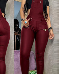 pantsparadises Women One Piece Outfits PU Jumpsuits Buckled Zipper Design Suspender Jumpsuit