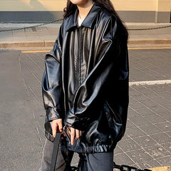 pantsparadises trashy outfits Korean Black Leather Jacket Women Winter Long Women's Moto Biker Zipper Jacket Streetwear Harajuku Y2K Loose Women's Coat