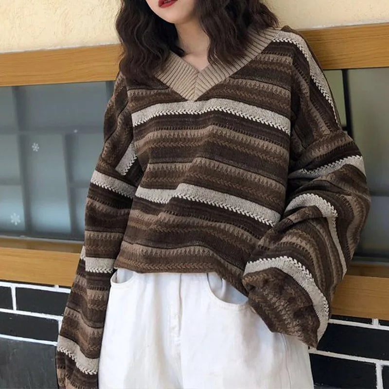 pantsparadises WINTER OUTFITS Knitted Sweaters Women Oversized V Neck Striped Pullover Vintage Sweater Autumn Winter Retro Warm Jumper Harajuku Loose Sweater