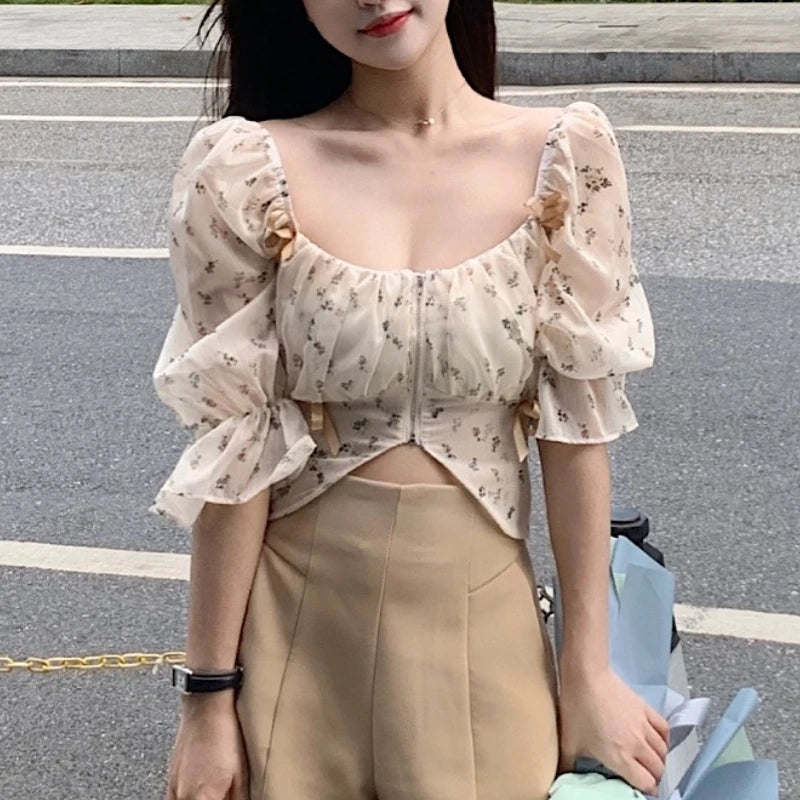 Puff Sleeve Floral Chiffon Blouses Women Summer Short Korean Design Fairy Shirts Tops Casual Chic Evening Party Y2k Clothes