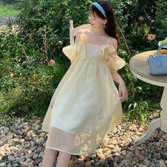 pantsparadises DRESS TO IMPRESS Summer Vintage Yellow Strap Dress Women Sweet Off Shoulder Ruffle Fairy Dress Female Elegant Evening Party Ladies Dress New