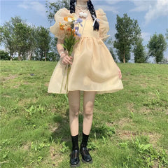 pantsparadises DRESS TO IMPRESS Yellow Sweet Princess Dress Women Japanese Fairy Sexy Backless Mini Dress Casual Korean Party Birthday Dress for Women New