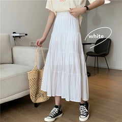 pantsparadises Spring Summer Women Chiffon Skirts Vintage High Waist Elastic Patchwork White Black Chic Long Cake A-line Skirt for Student