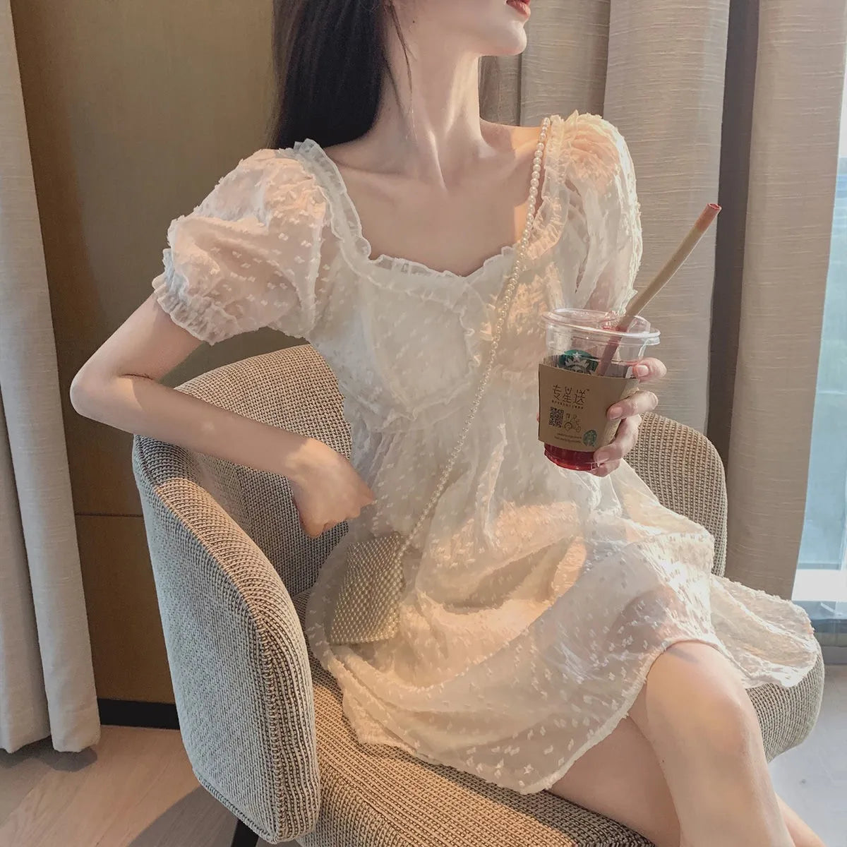 pantsparadises DRESS TO IMPRESS Summer Chiffon Lace Fairy Dress Women Backless Design Puff Sleeve Party Mini Dress Female Patchwork Korean One-piece Dress