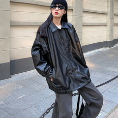 pantsparadises trashy outfits Korean Black Leather Jacket Women Winter Long Women's Moto Biker Zipper Jacket Streetwear Harajuku Y2K Loose Women's Coat