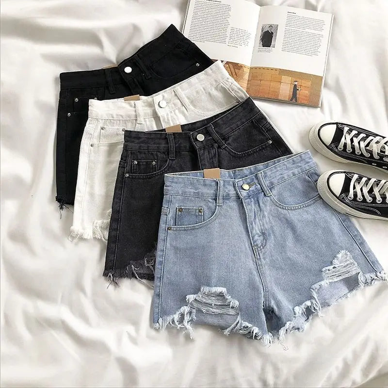 pantsparadises Casual High Waist Denim Shorts Women Summer Pocket Tassel Hole Ripped jeans Short Female Femme Short Pants Women