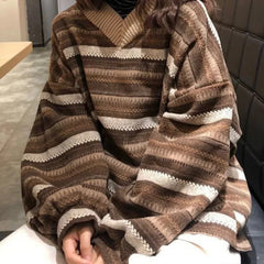 pantsparadises WINTER OUTFITS Knitted Sweaters Women Oversized V Neck Striped Pullover Vintage Sweater Autumn Winter Retro Warm Jumper Harajuku Loose Sweater