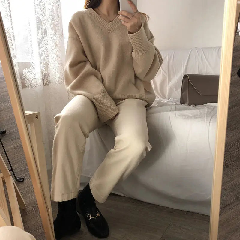 pantsparadises FALL OUTFIT Sweater Pullovers Women Spring New Chic Solid V-neck All-match Loose Simple Female Fashion Vintage Elegant Clothing Leisure Soft