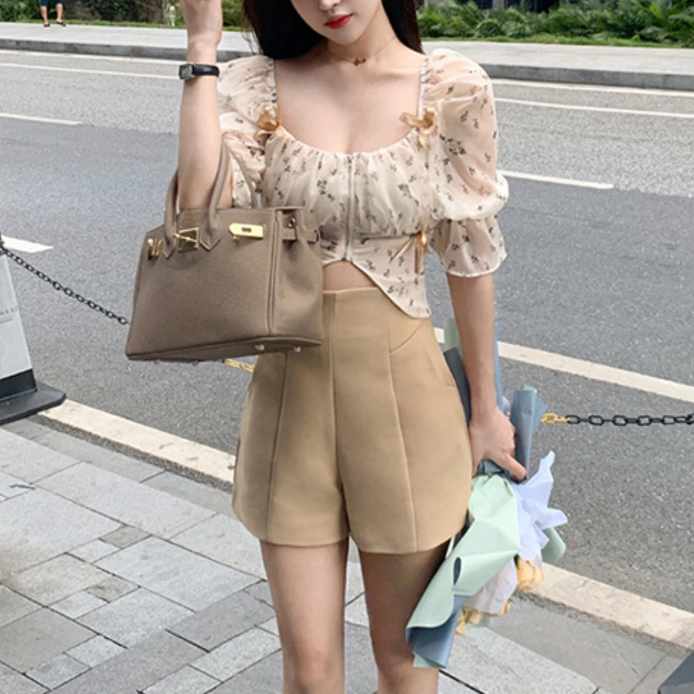 pantsparadises Puff Sleeve Floral Chiffon Blouses Women Summer Short Korean Design Fairy Shirts Tops Casual Chic Evening Party Y2k Clothes