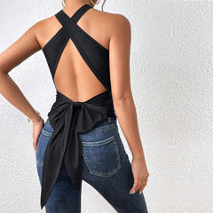 pantsparadises Summer Women Tank Top Casual Sleeveless Vest Tops Open Back Knotted Design Top Backless Bowknot Design Sexy Top Tank Tops