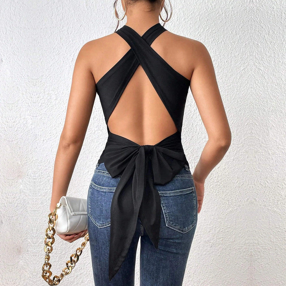 pantsparadises Summer Women Tank Top Casual Sleeveless Vest Tops Open Back Knotted Design Top Backless Bowknot Design Sexy Top Tank Tops