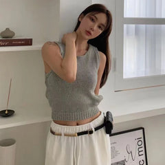 pantsparadises Sweater Vests Women Backless Sexy Summer Club Style Korean Femme Solid Stretchy All-match Casual Slim Simple Crops Knitting Cozy