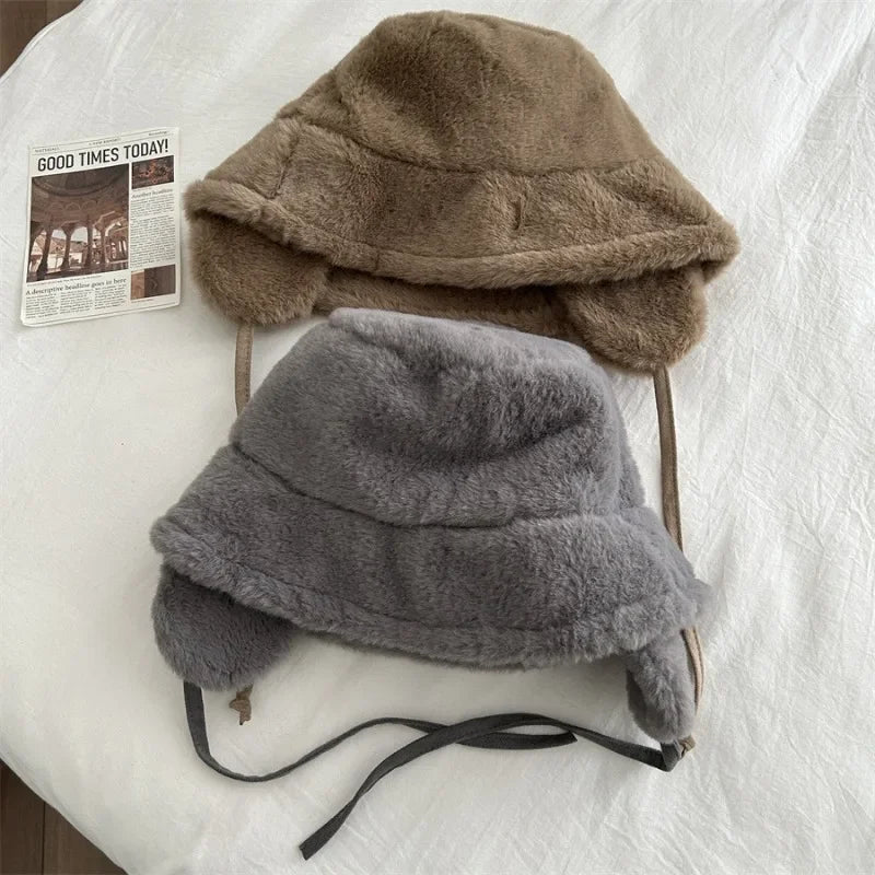 pantsparadises Korean New Ear Protection Bucket Hats for Women Autumn and Winter Travel Versatile Warm Retro Solid Color Plush Men's Caps