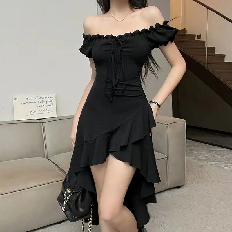 pantsparadises Summer Black A-LINE Dress Women Streetwear Sexy Off Shoulder Short Sleeves Ruffled Mid Length Dresses Club Elegant Partywear