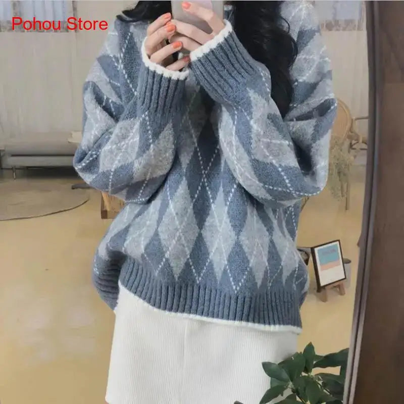 pantsparadises comfy outfits winter Winter Argyle Loose Knitted Sweater Pullovers Sweater Korean College Style Women Jumper