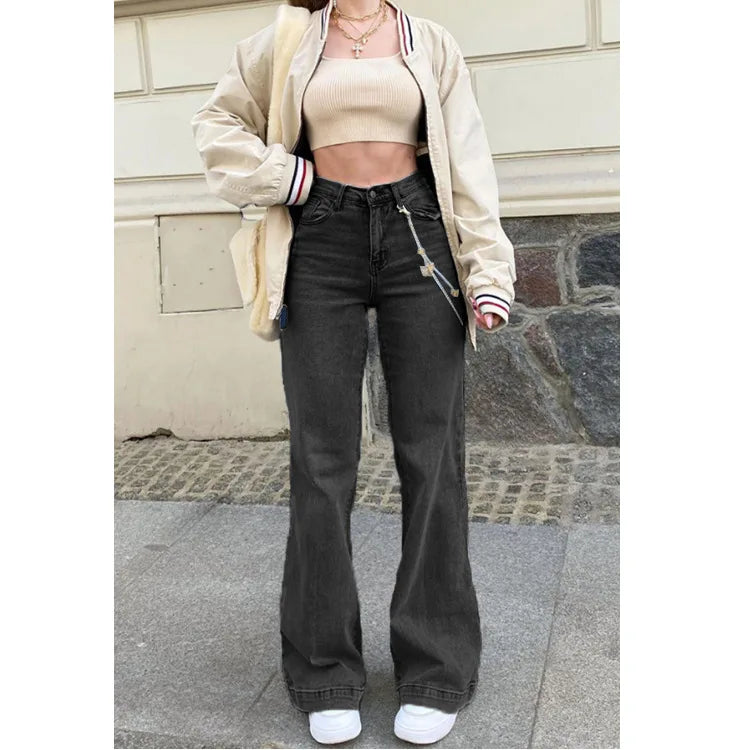 pantsparadises Women Denim Flared Pants Casual Solid Color Stretchy High Waist Bell Bottom Jeans Streetwear Baggy Jeans For Women Trousers Y2K