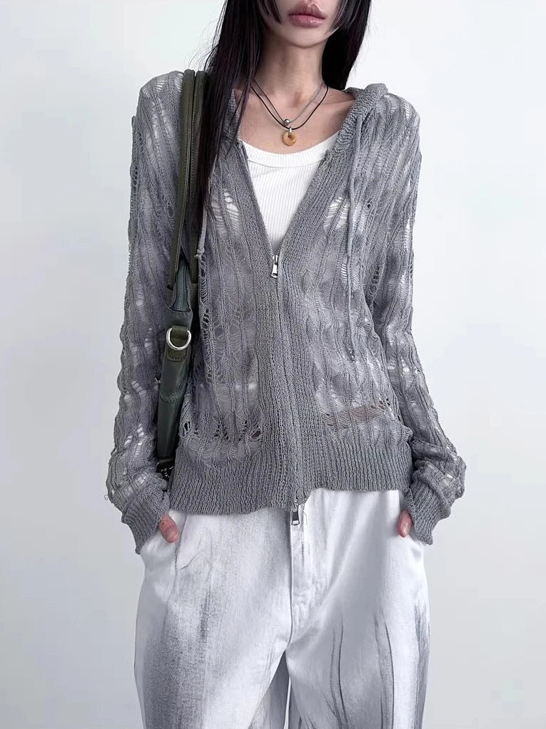 Harajuku Zip Up Hooded Cardigan Women Japanese Y2k Style Hollow Crop Sweater Vintage Gray Thin Knitted Long Sleev Tops