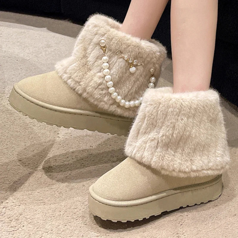 pantsparadises Winter New String Bead Plush Women's Boots Warm Stylish Thick Platform Slip On Boots Faux Fur Plus Size 43 Ankle Botas Shoes