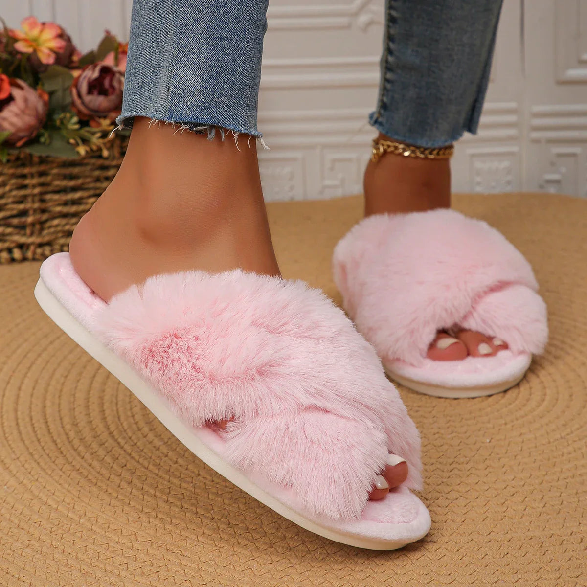 pantsparadises Faux Fur Corss Band Fuzzy Slippers Women Winter Warm Plush Indoor Fluffy Shoes Woman Soft Sole Open Toe Home Cotton Slippers