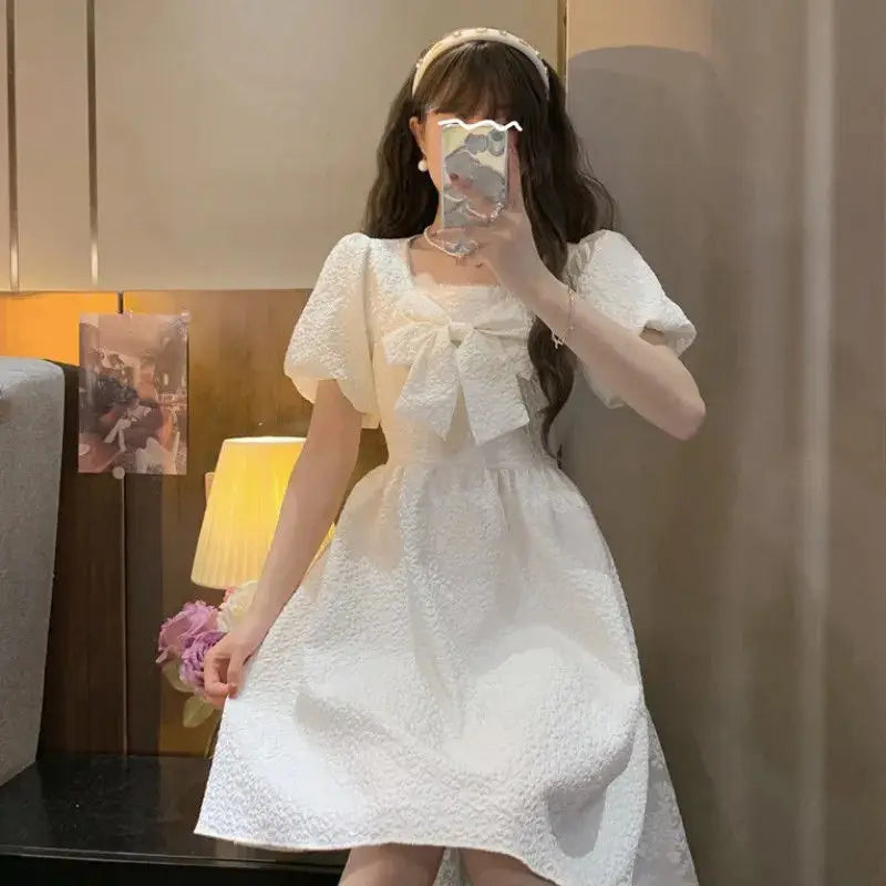 pantsparadises DRESS TO IMPRESS Casual Puff Sleeve Fairy Dress White Women's Dresses High Quality Cute Kawaii Fashion Preppy Loose Y2k Fairy Grunge Baby Doll