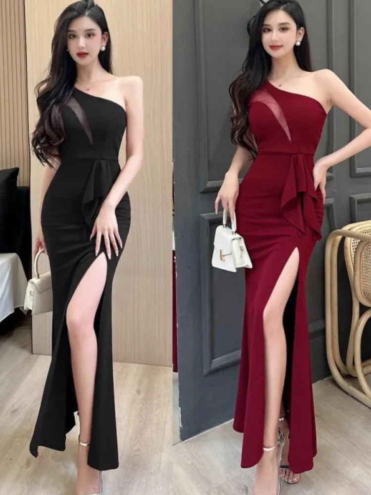 pantsparadises Women Sexy Backless Slim Split Long Dress Summer Fashion Elegant Sleeveless Off Shoulder Elegant Club Party Mesh Dresses