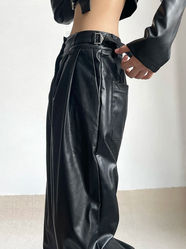 pantsparadises Faux Leather Pants Matching Belt Streetwear Chic Black Baggy PU Trousers Y2K Hip Hop Grunge Loose Straight Sweatpants