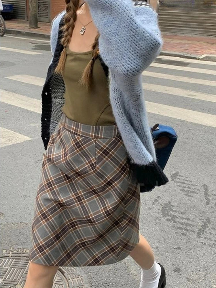 pantsparadises Grey Plaid Skirts Women Autumn High Waist French Temper College A-line Skirt Faddish Simple Retro Designer Knee-length Faldas