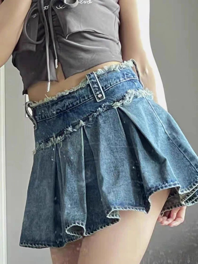 pantsparadises Streetwear Pleated Skirt Denim Women Sexy Y2k Mini Skirt Summer Chic High Waist Korean Fashion Slim Aesthetic Harajuku