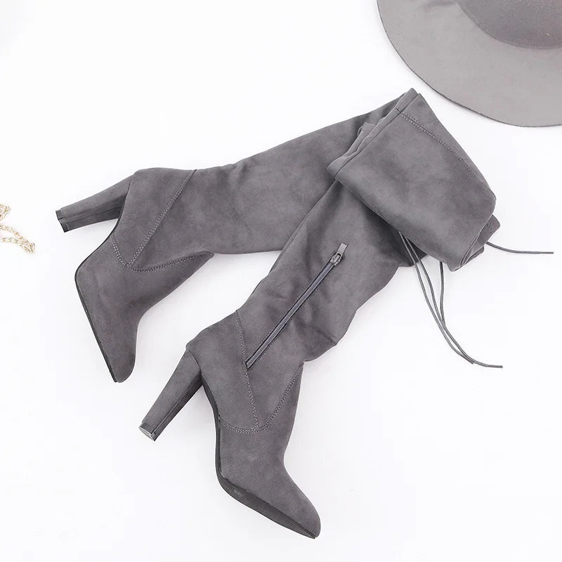 pantsparadises Women Spring Autumn New Fashion Side Zipper Long Boots Were Thin High-heeled Thick Suede Over-the-knee Ladies Black Gray Shoes