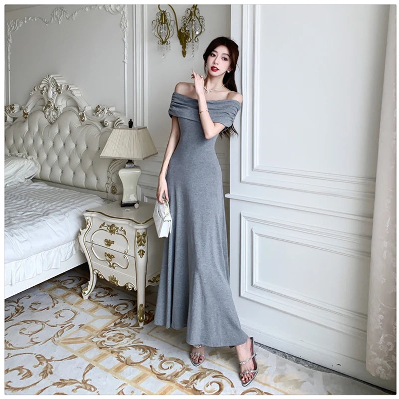 pantsparadises New Elegant Solid Strapless Long Dress for Women Summer 2024 Sexy Slim High Waisted Off Shoulder Party Evening Dresses Korean