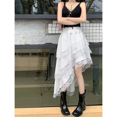 Ruffle Lace Irregular Skirt Women Elegant Boho White A-line Skirts Aesthetics Patchwork Korean Style Vintage Y2K Skirt