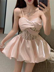 pantsparadises French Fashion Princess Elegant One Piece Dress Women Summer New Pink Slim Mini Dress Female Y2k Vintage Sleeveless Dress 2024