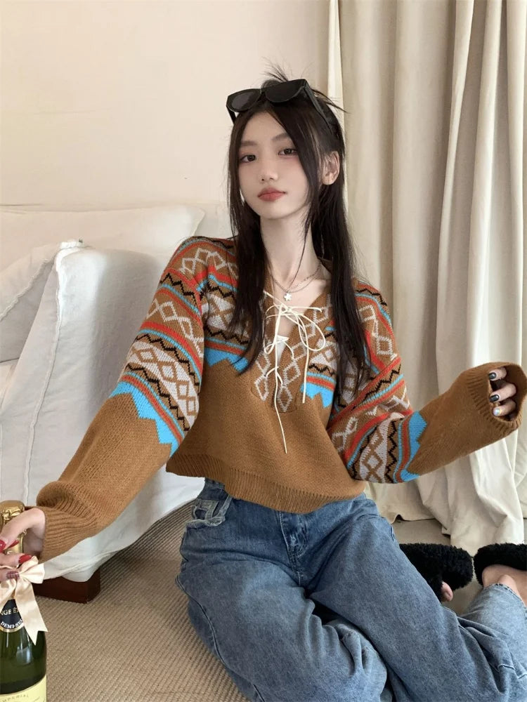 pantsparadises Vintage Sweaters Women Lace-up Elegant Cozy V-neck Trendy Ladies BF Style Pullovers Ulzzang Knitwear Classic High Street Autumn