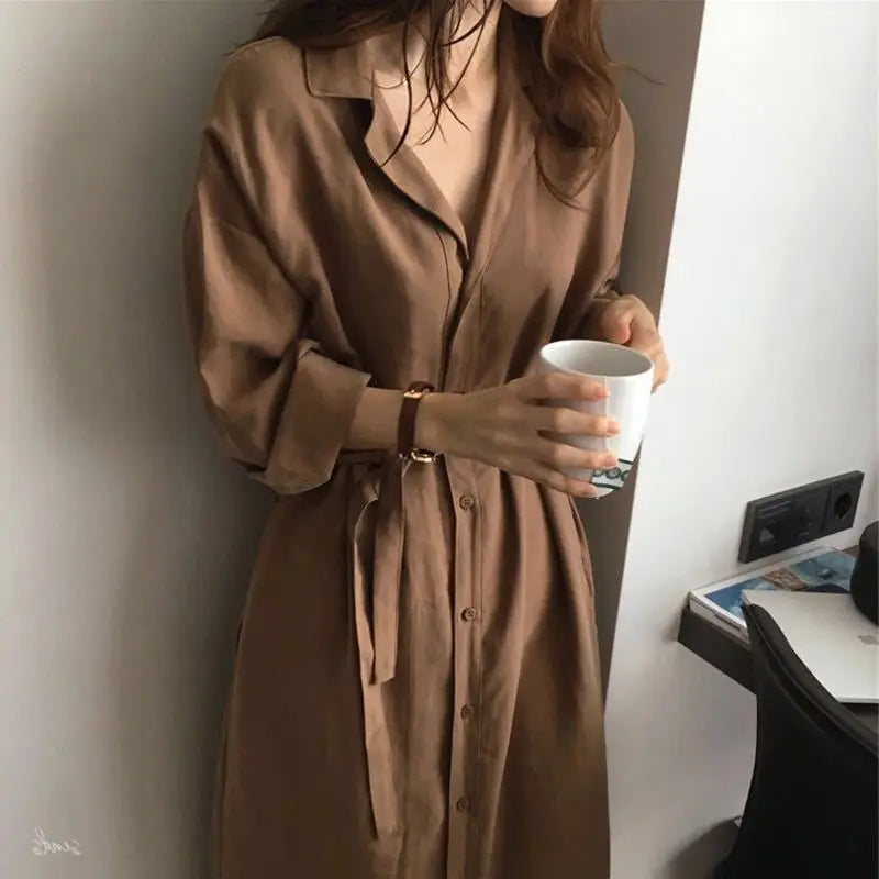 Shirt Dress For Women Harajuku Aesthetic Vintage Clothes Woman Korean Fashion Maxi Robe  Casual Dresses Long