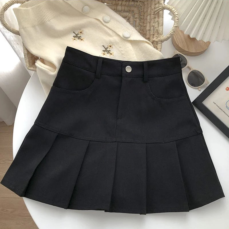 pantsparadises Women Sweet Mini Skirt Korean Preppy Style High Waist Folds Female A Line Skirt Y2K Summer Patchwork Pockets New Ladies Skirt