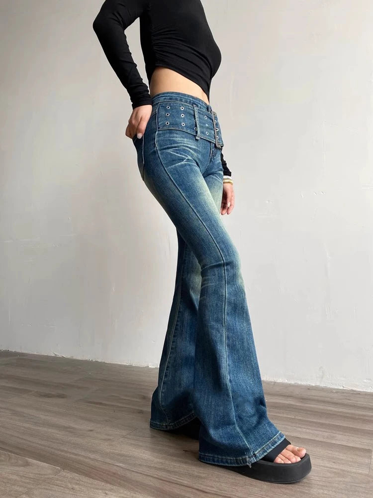 pantsparadises 90s Retro Black Blue Belt Flare Jeans for Women Distressed Bootcut Pants High Waist Slim Fit Bell Bottoms Y2k Trousers