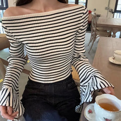 pantsparadises y2k Knit Top Women Clothes Elegant Striped Off Shoulder Flared Long Sleeve T Shirt 2000s Aesthetic Clothing Streetwear