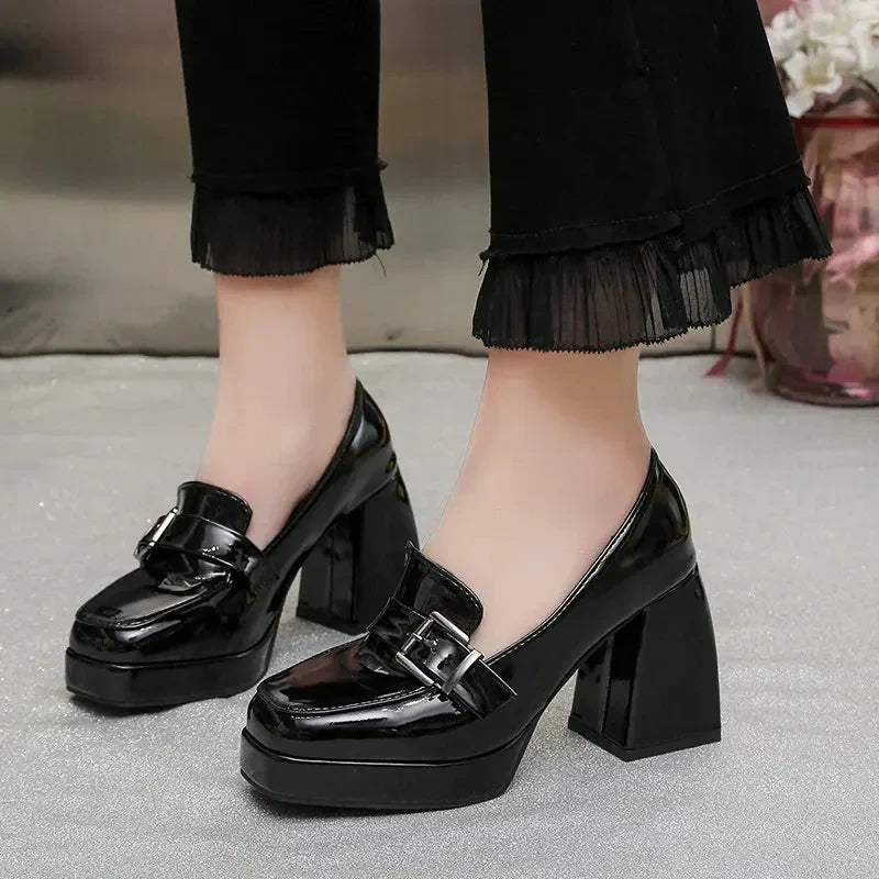 pantsparadises Heels Lolita Shoes Chunky Platform Shoes Loafers Heel Patent Leather Slip On Casual Shoes Women Lady Office Shoes Black Heels