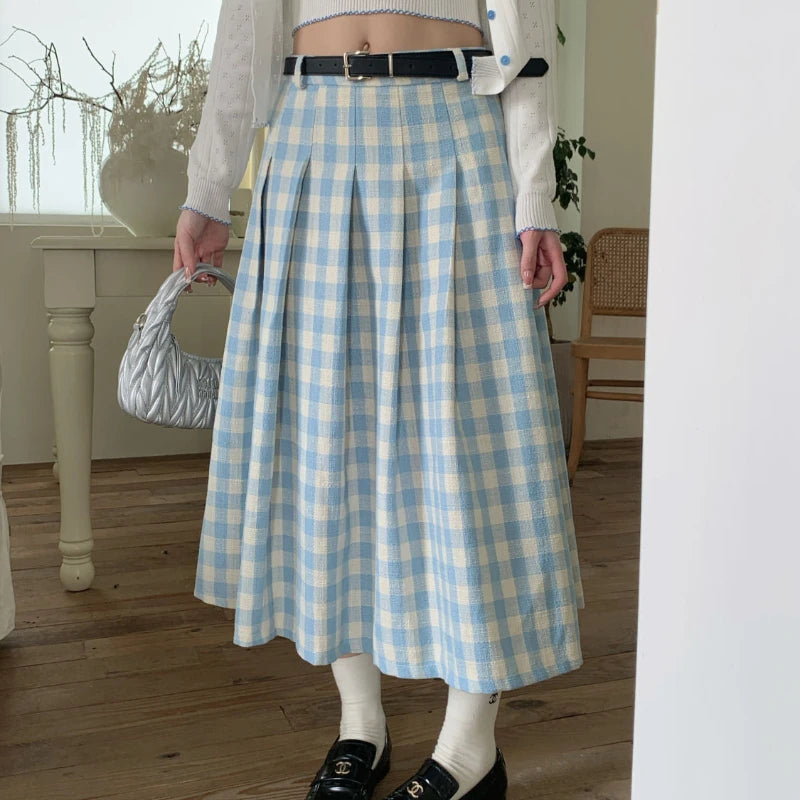 pantsparadises Preppy Style Plaid Long Skirt Women Sweet Elegant Vintage Pleated Skirt High Waist Autumn Winter Retro A-line Skirts