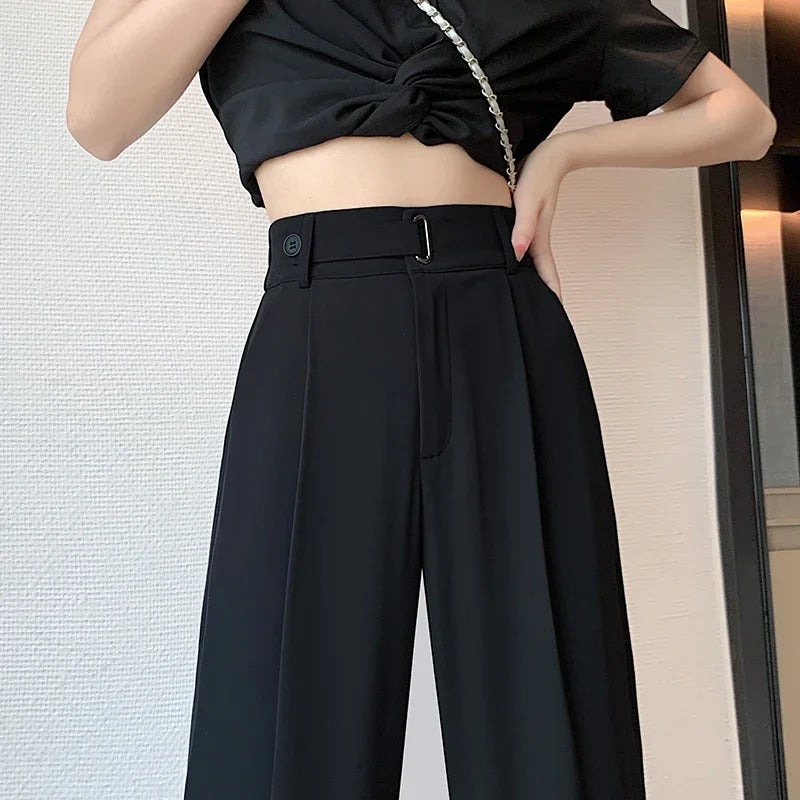 pantsparadises Summer Women's Casual Pants Wide Leg Pants Elegant Office Lady 2024 New Solid Color High Waist Loose Trousers Female