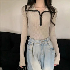 pantsparadises warm winter outfits Turn-down Collar Zipper Sweater Women Autumn Winter Fashion Solid Color Slim Knitwear Office Lady All-match Trend Knitting Tops