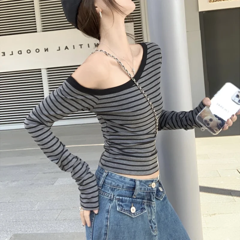 pantsparadises Slant Collar Off Shoulder Striped Long Sleeved T-shirt Women Autumn New Spicy Girl Slim Crop Top Streetwear Tops Y2k Aesthetic