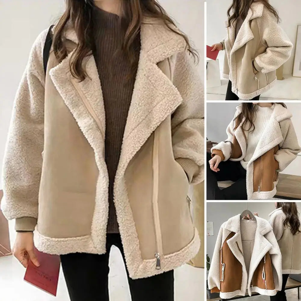 pantsparadises aspen outfits winter  Fall Winter Women Jacket Thick Heat Retention Loose Women Coat Turn-down Collar Long Sleeves Lambswool Windproof Coat