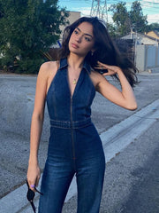 pantsparadises Denim Jumpsuit V Neck Zipper Bell Sleeveless Sexy Outifts Elegant Backpacker  Party Summer