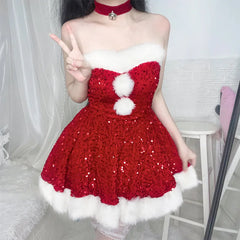 pantsparadises Christmas Costumes Christmas Dress Up Glitter Adult Christmas Clothes Strapless Clothing Set Halloween Carnival Outfit