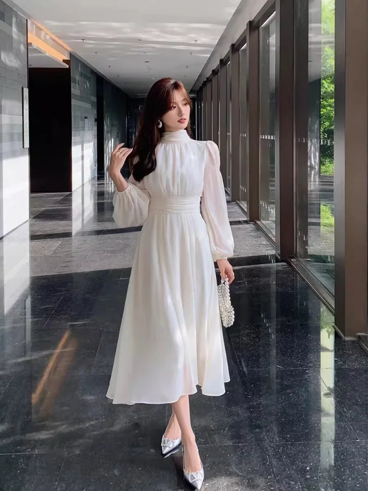 pantsparadises DRESS TO IMPRESS Spring Turtleneck White Midi Dress Women Long Sleeve French Elegant Temperament One Piece Dress Evening Party Prom Robe Female