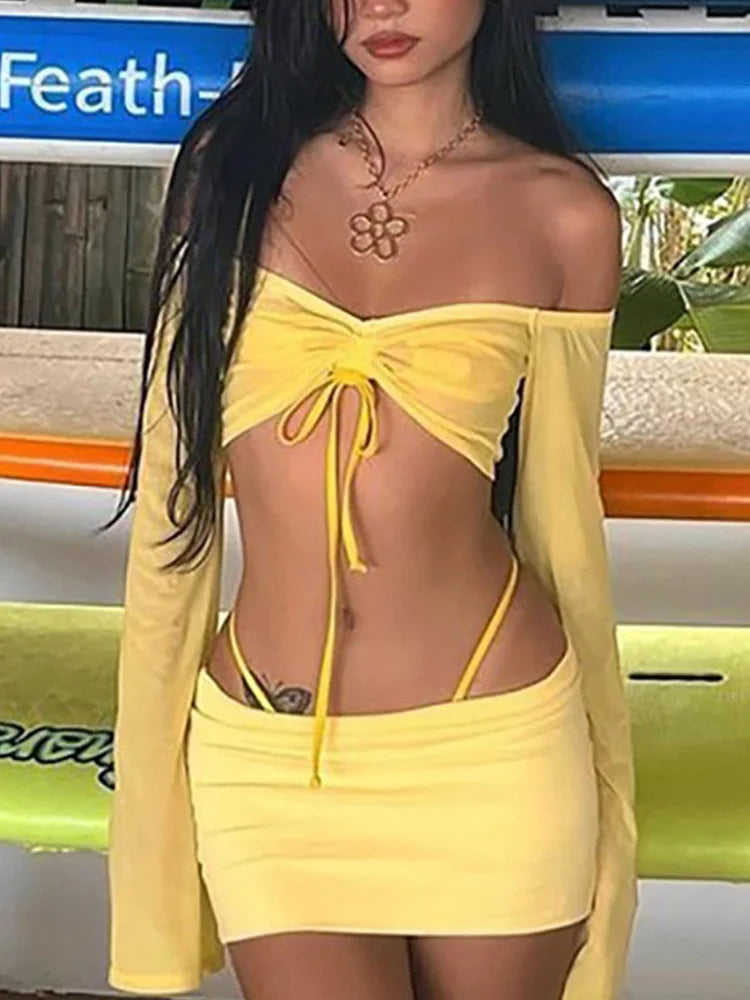 pantsparadises Y2K Aesthetics Sexy Co-ord Sets Yellow 2000s Clubwear Off Shoulder Flare Sleeve Crop Tops and Micro Skirt 2 Piece Suits